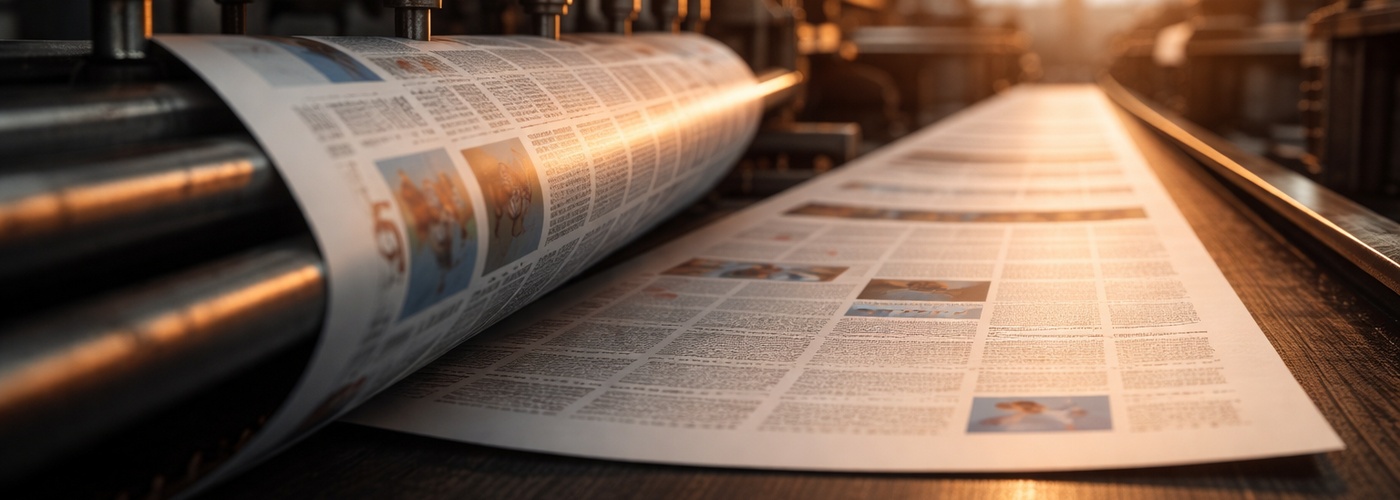 Imprenta industrial imprimiendo páginas — los modelos de lenguaje generan texto de forma similar